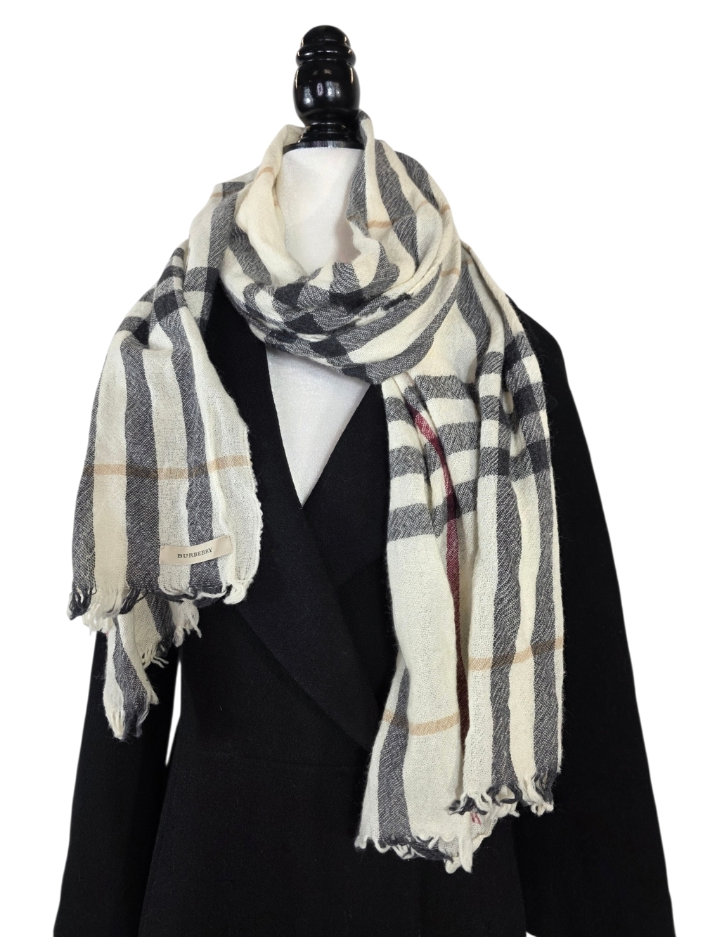 Burberry Neutral Check Wool and cashmere  Blend Scarf in Black, White & Camel